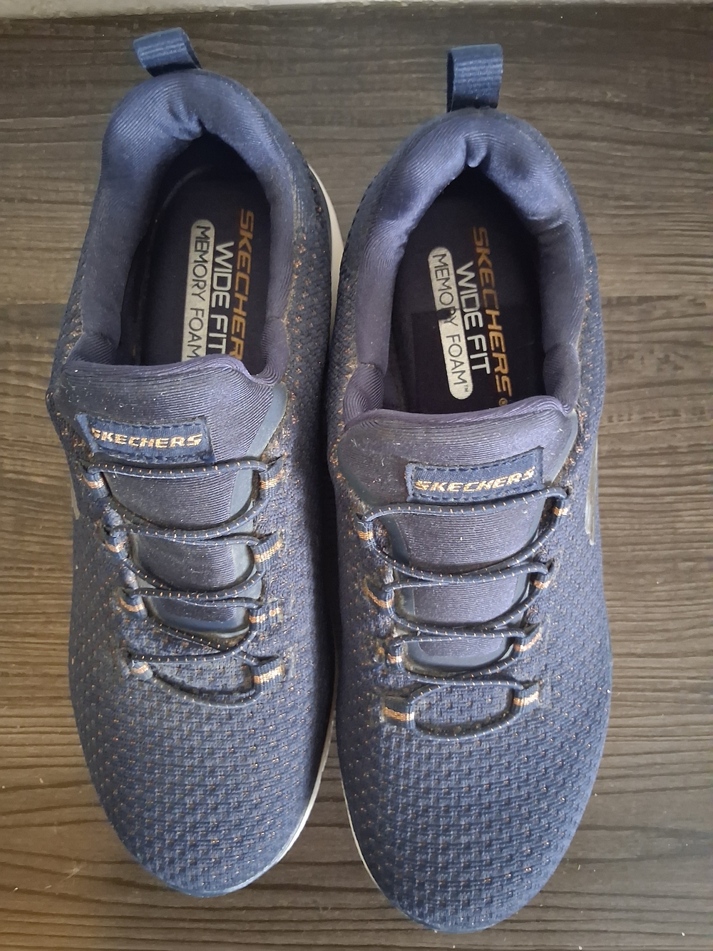 Skechers Memory Foam Wide Fit Womens 6.5 W Navy Gold Sparkle Slip On 149204